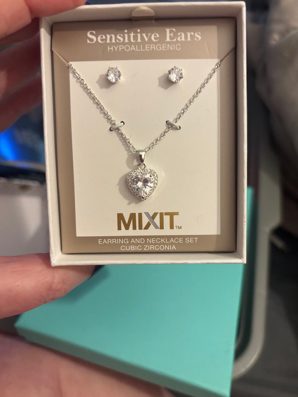 Mixit Silver Tone Heart Cubic Zirconia Necklace & Stud Earrings Set NIB